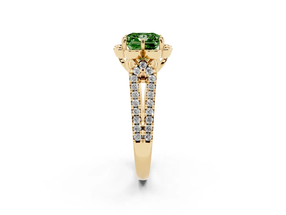 Fancy Green Princess Cut Halo Diamond Floral Split Shank Engagement Ring Yellow gold