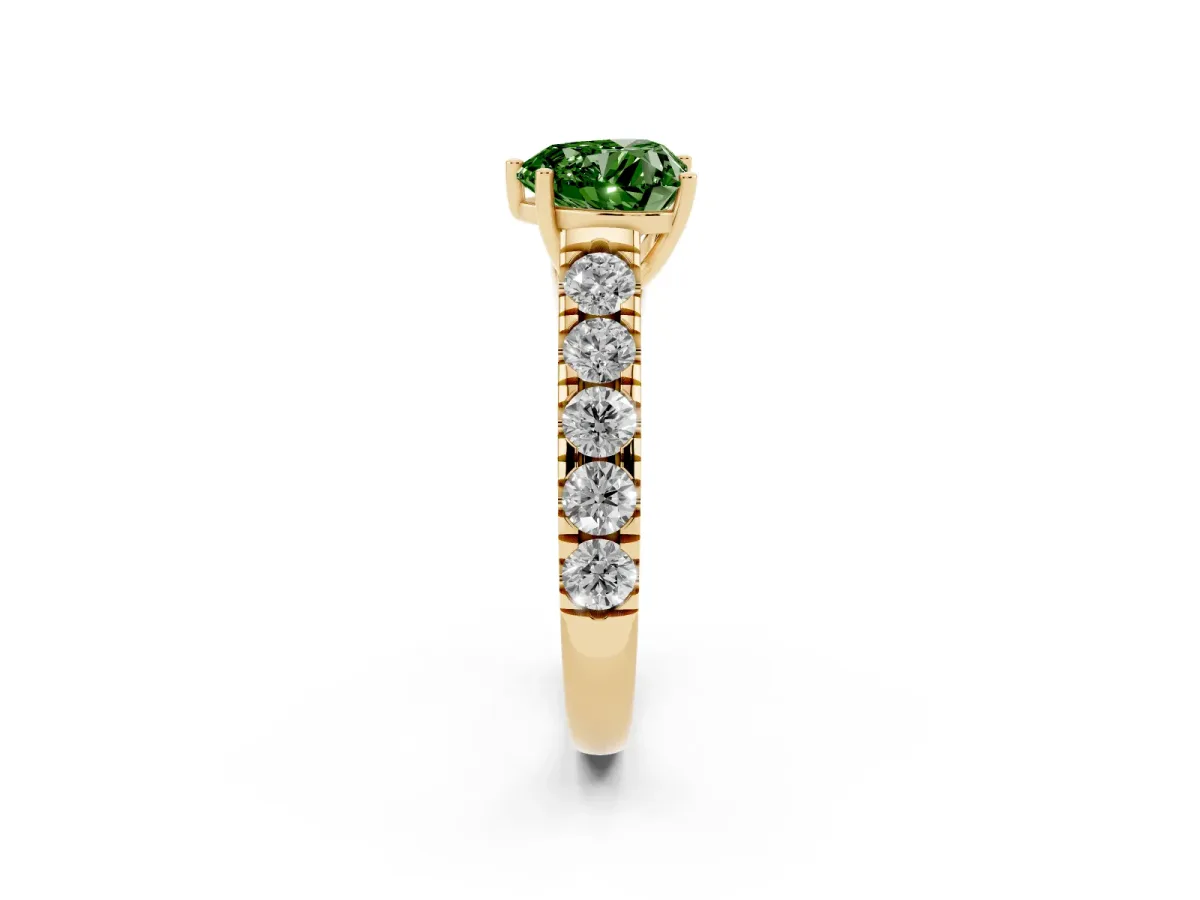 Fancy Green Heart Cut Cut Diamond Solitaire Ring with Micro Pave Band and Prong Setting Yellow gold