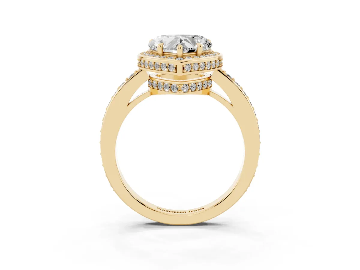 Heart Cut Halo Pave Band Solitaire Ring with Prong Setting Yellow gold