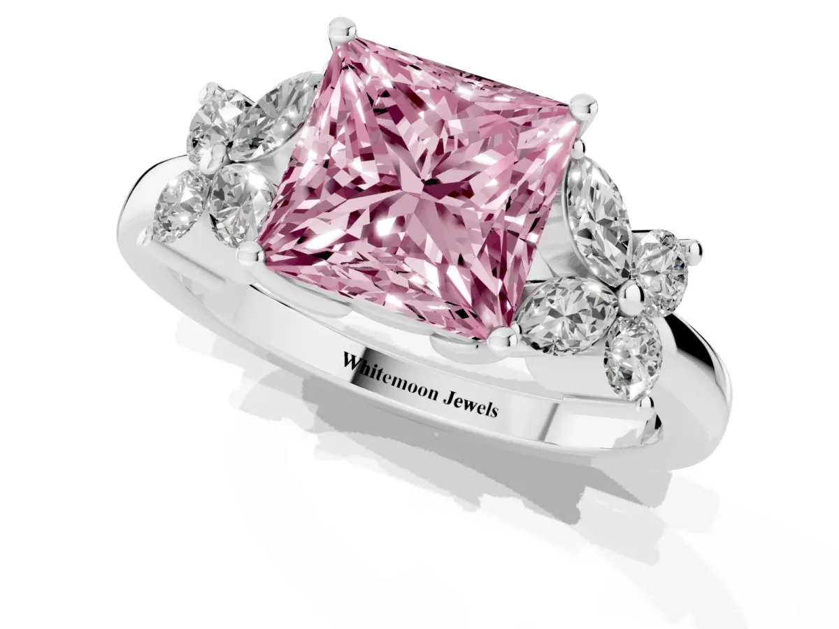 Fancy Pink Princess Cut Diamond Floral Cluster Ring with Solitaire Band and Prong Setting Platinum
