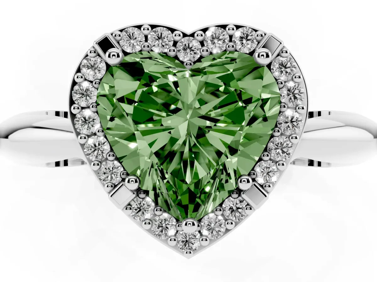 Fancy Green Heart Cut Cut Diamond Halo Engagement Ring with Split Shank and Four-Prong Setting Silver