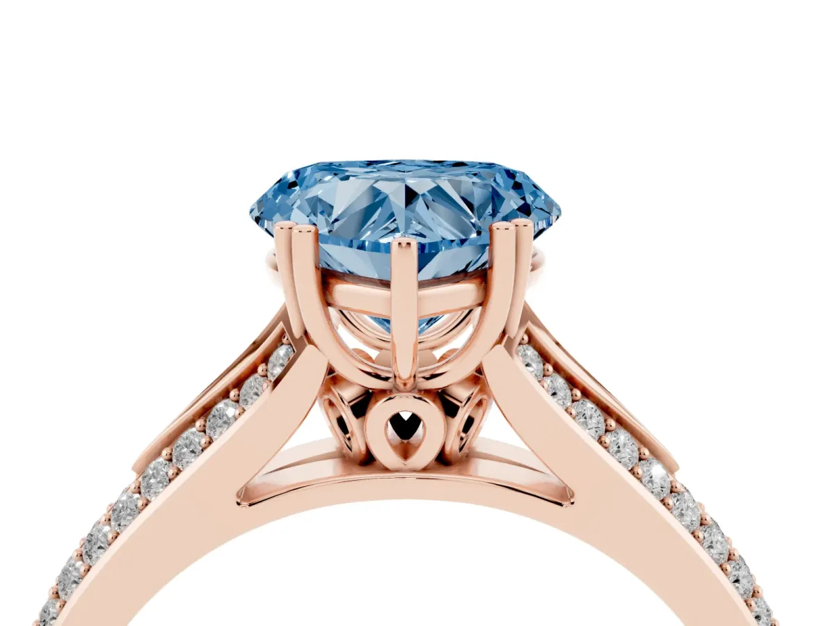Fancy Blue Heart Cut Diamond Split Shank Engagement Ring with Pavé Band Rose gold