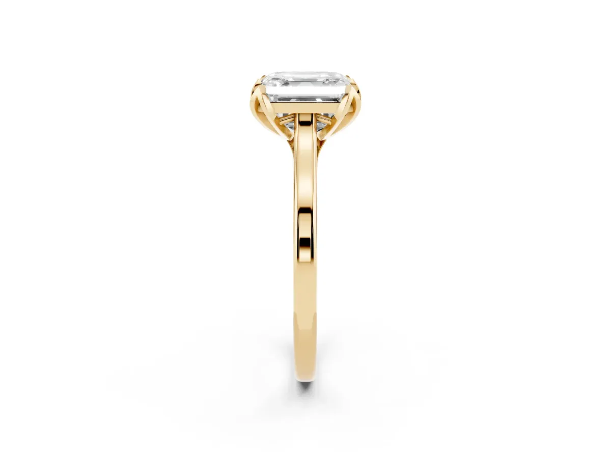 Asscher Cut Diamond Solitaire Ring with Flower Prong Setting and Classic Band Yellow gold