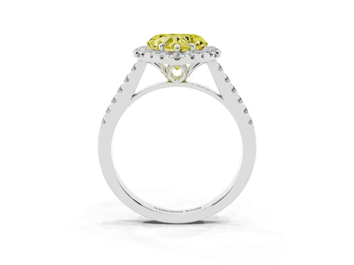 Fancy Yellow Heart Cut Halo Pavé Diamond Engagement Ring with Four-Prong Setting White gold