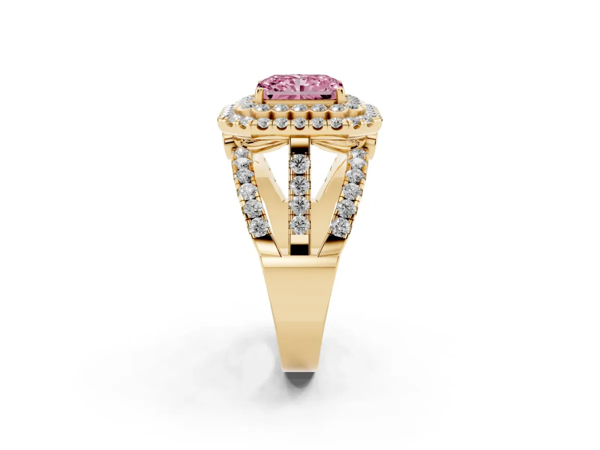 Fancy Pink Radiant Cut Diamond Double Halo Ring with Round Pavé Split Shank and Prong Setting Yellow gold