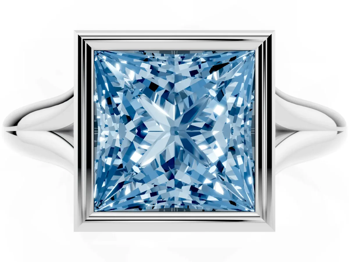 Fancy Blue Bezel Set Princess Cut Solitaire Diamond Ring with Smooth Band Silver