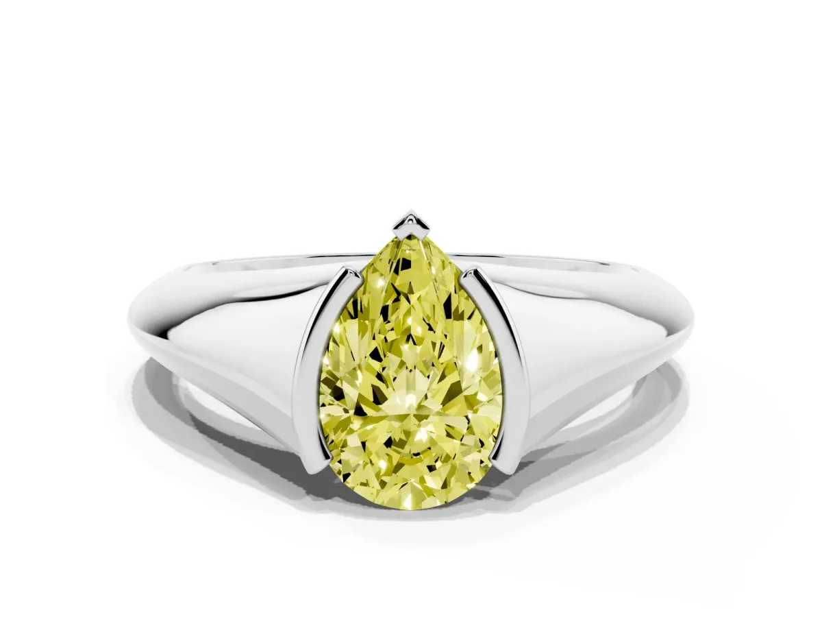 Fancy Yellow Pear Cut Solitaire Tension Set Diamond Ring Silver