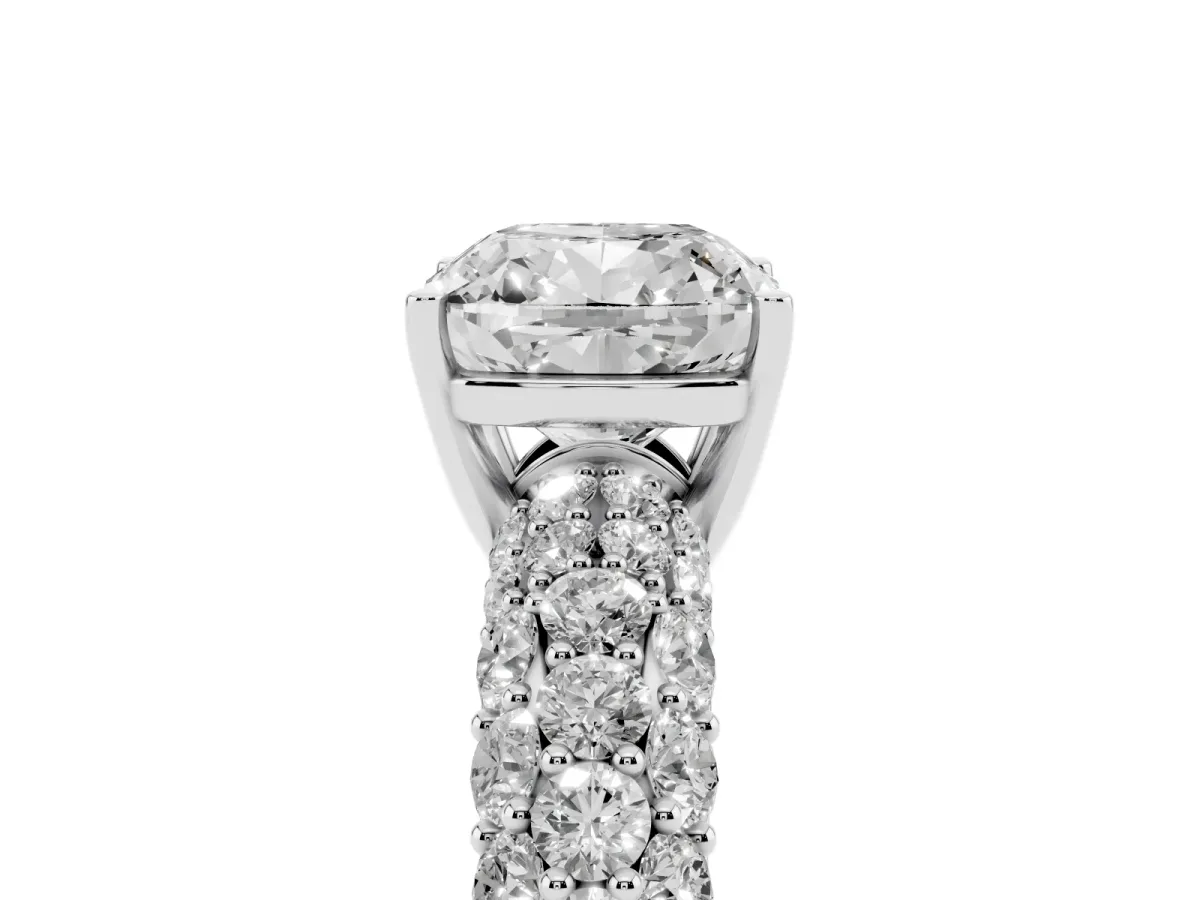 Cushion Cut Diamond Pavé Band Solitaire Ring with Four-Prong Setting Silver