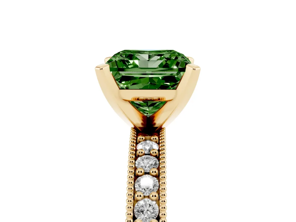 Fancy Green Princess Cut Diamond Milgrain Pavé Engagement Ring with Four-Prong Setting Yellow gold
