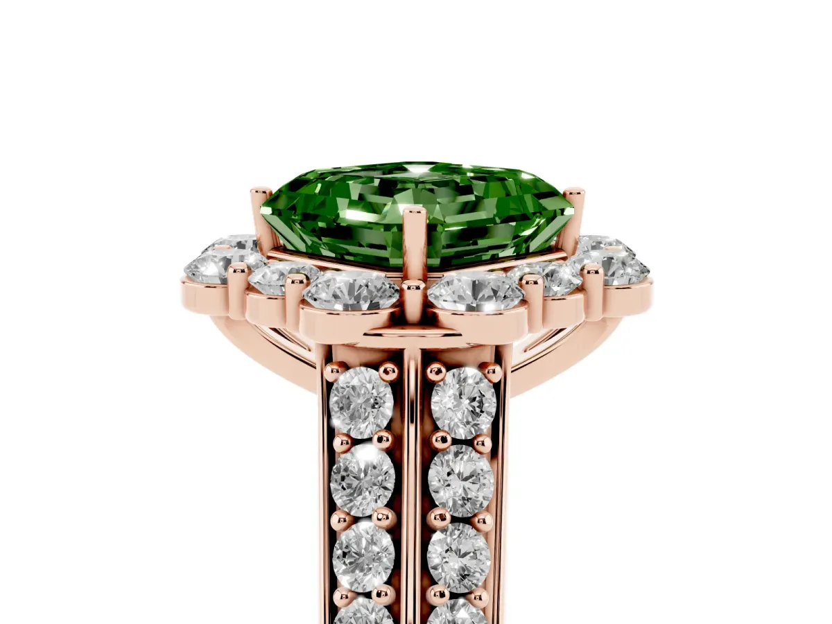 Fancy Green Asscher Cut Halo Diamond Engagement Ring with Split Shank and Prong Setting Rose gold