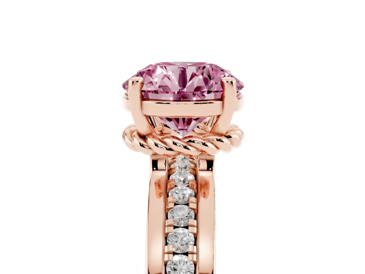 Fancy Pink Round Cut Solitaire Diamond Ring with Channel Set Band and Six-Prong Setting Rose gold