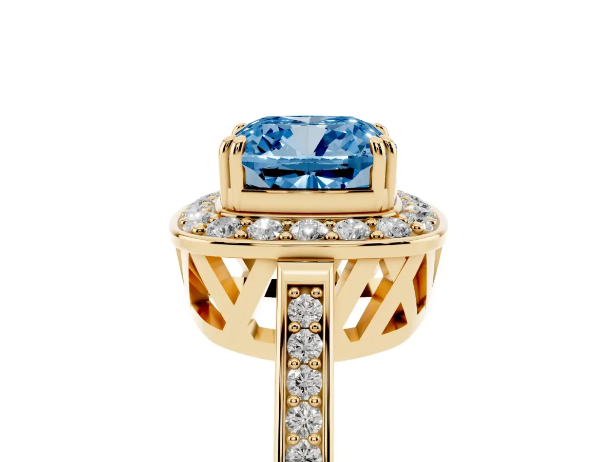 Fancy Blue Cushion Cut Diamond Halo Ring with Split Shank and Four-Prong Setting Yellow gold