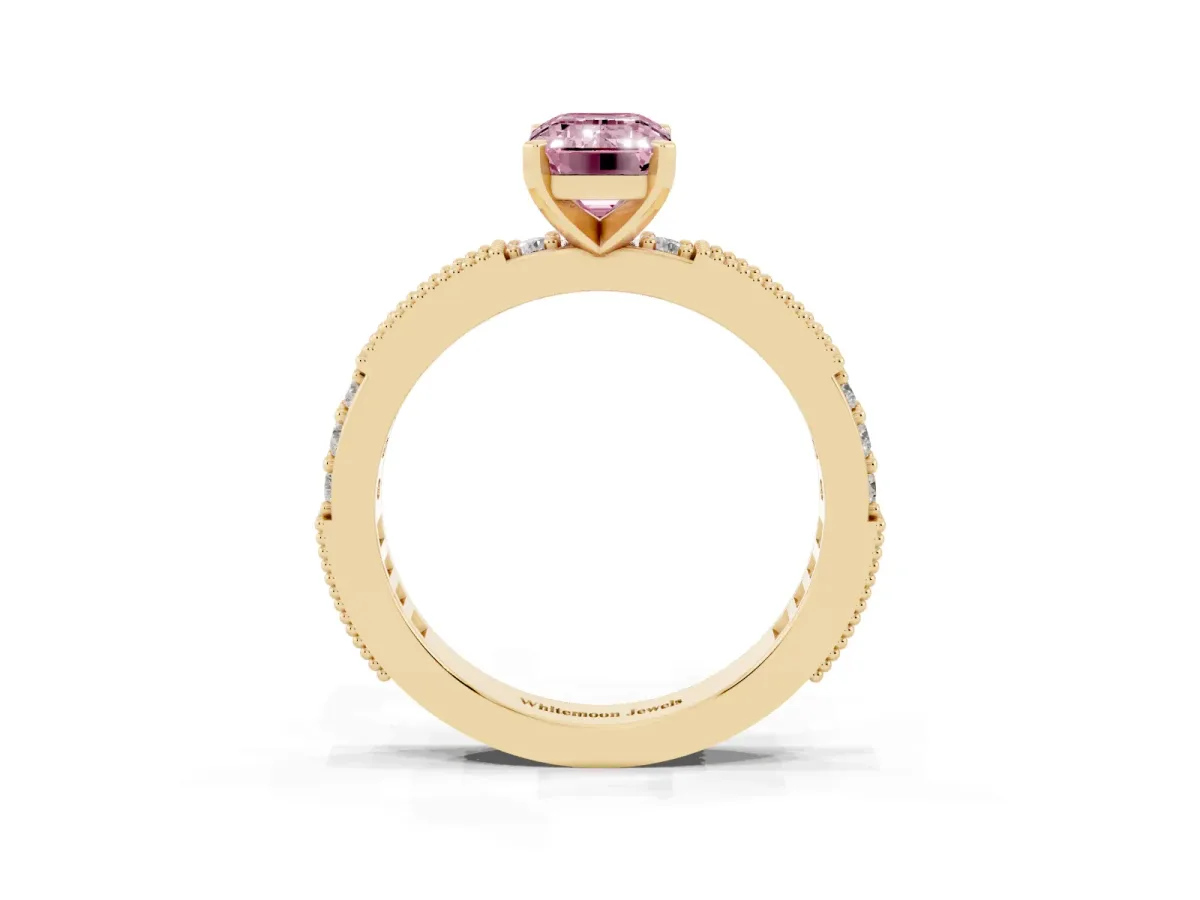 Fancy Pink Emerald Cut Solitaire with Pavé Band and Four-Prong Setting Yellow gold