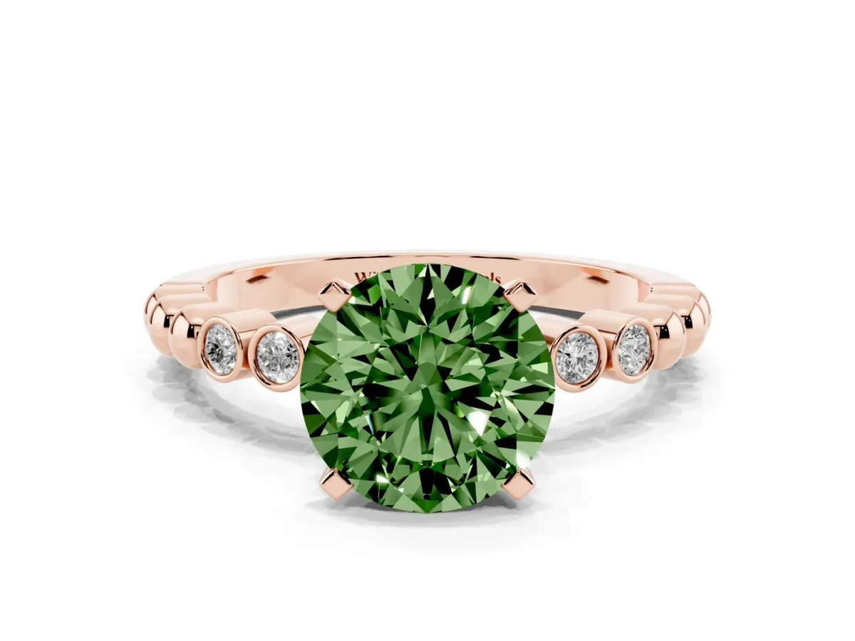Fancy Green Round Cut Solitaire Bezel Accent Diamond Engagement Ring with Beaded Band and Four-Prong Setting Rose gold