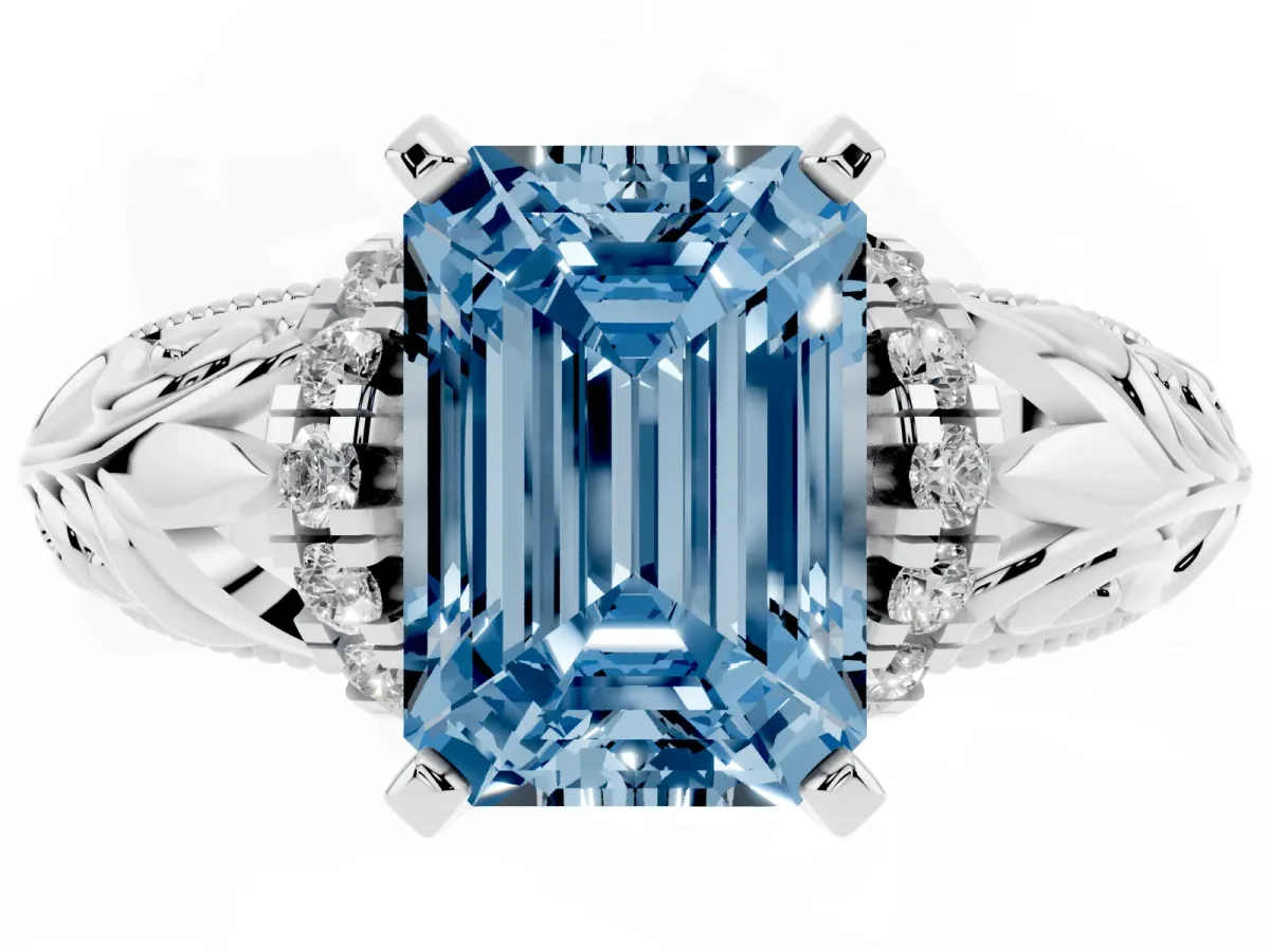 Fancy Blue Emerald Cut Solitaire Filigree Engagement Ring with Halo and Prong Setting White gold