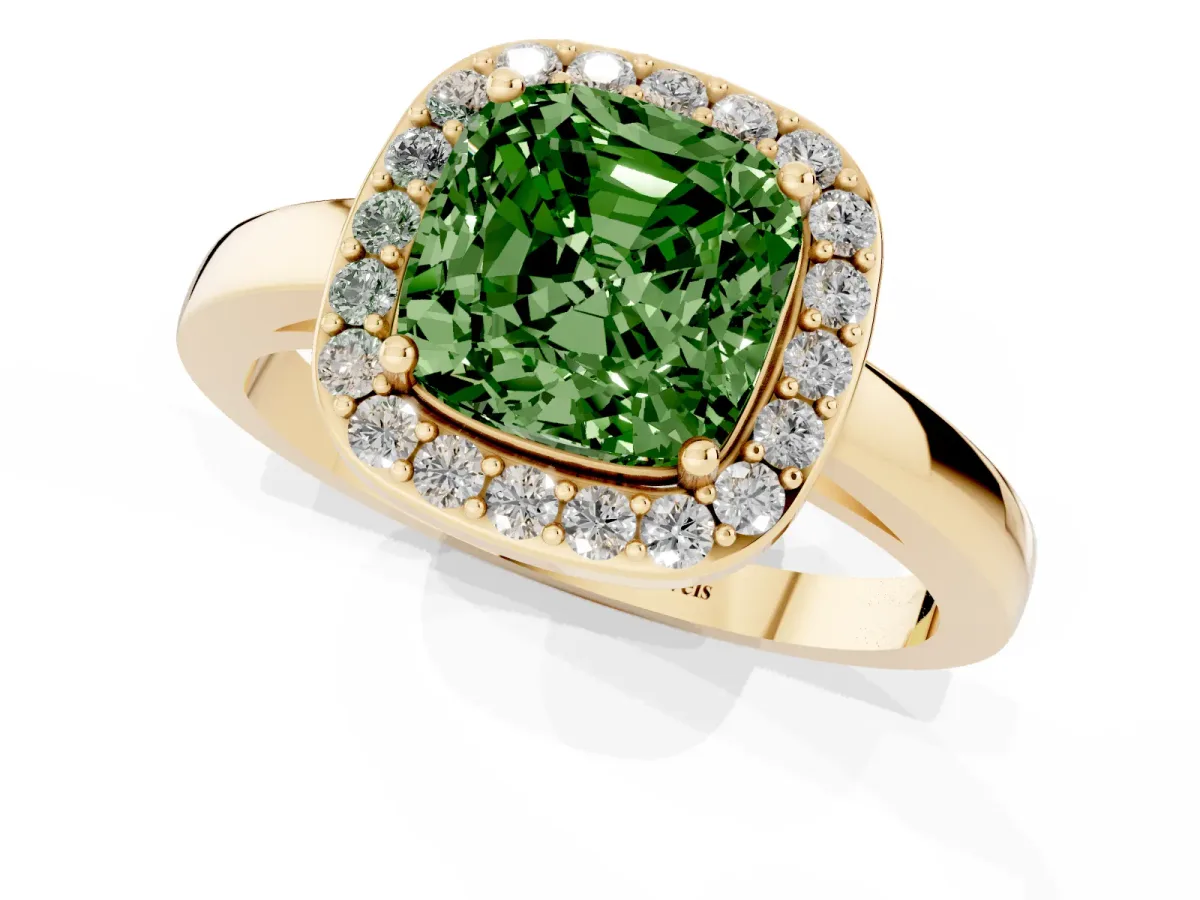 Fancy Green Cushion Cut Halo Diamond Ring with Solitaire Band and Prong Setting Yellow gold