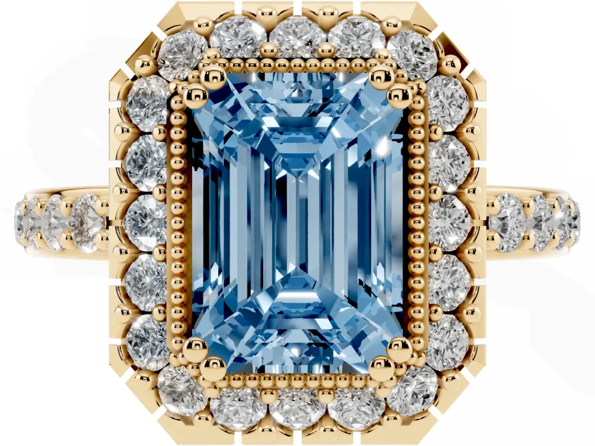 Fancy Blue Emerald Cut Diamond Halo Ring with Pavé Band and Prong Setting Yellow gold