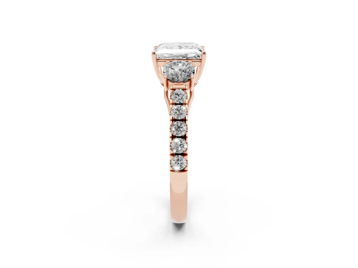 Princess Cut Cut Diamond Three-Stone Ring with Round Side Stones and Pavé Band Rose gold