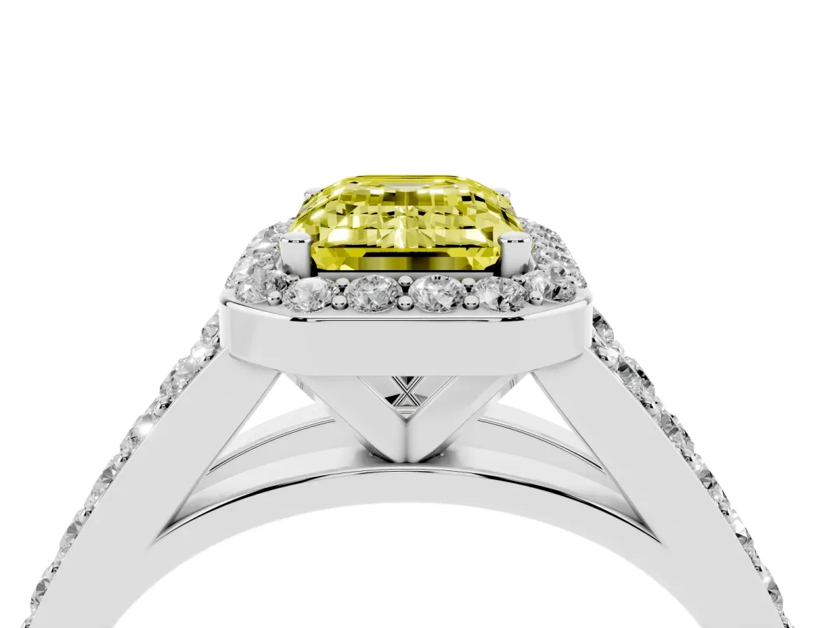 Fancy Yellow Emerald Cut Diamond Split Shank Halo Ring with Four-Prong Setting Silver