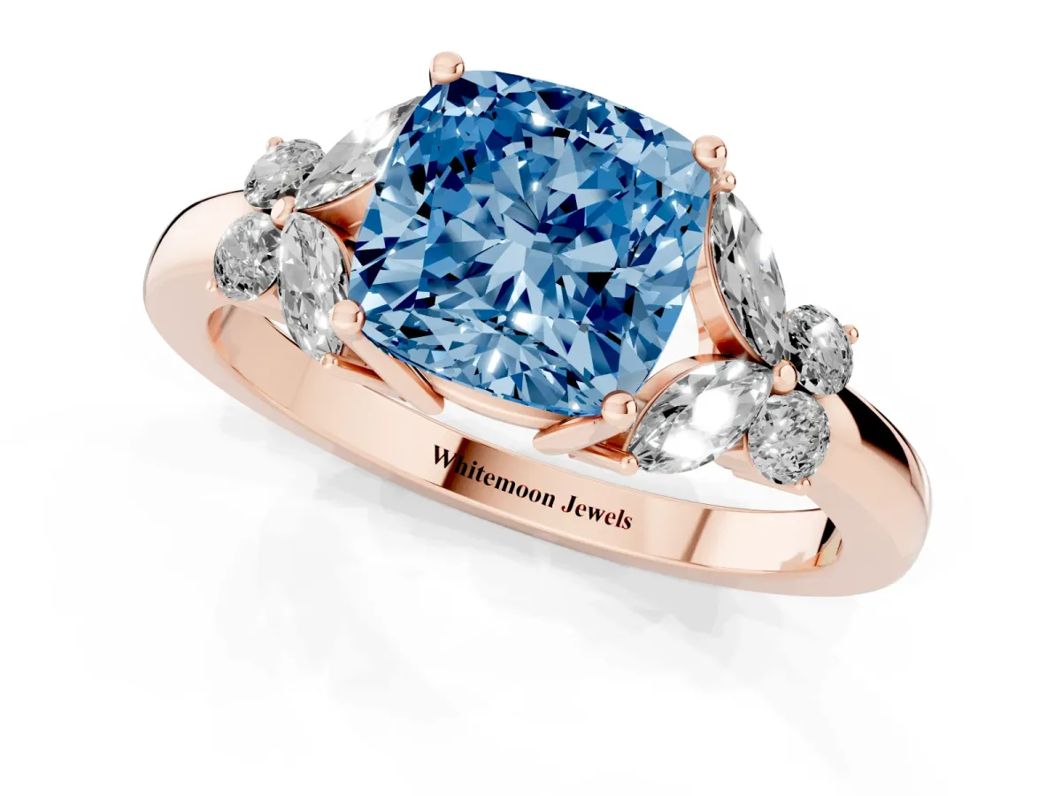 Fancy Blue Cushion Cut Cut Solitaire Floral Diamond Ring with Four-Prong Setting Rose gold