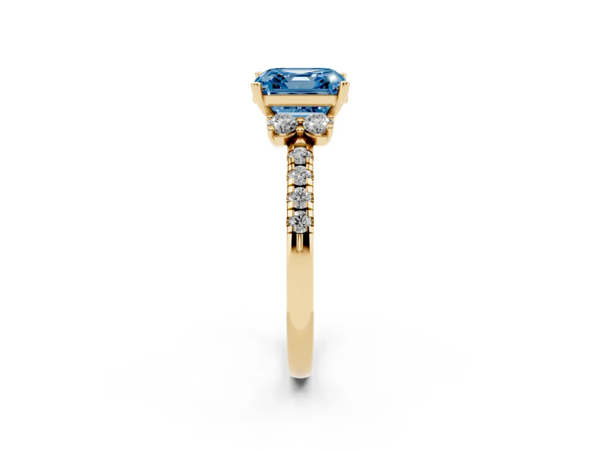 Fancy Blue Asscher Cut Diamond Three-Stone Pave Band with Four-Prong Setting Yellow gold