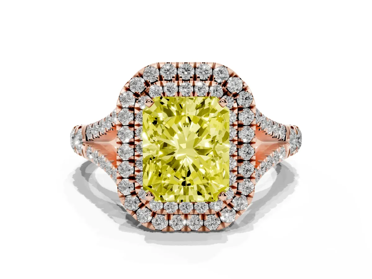 Fancy Yellow Radiant Cut Diamond Pavé Split Shank Double Halo Engagement Ring Rose gold