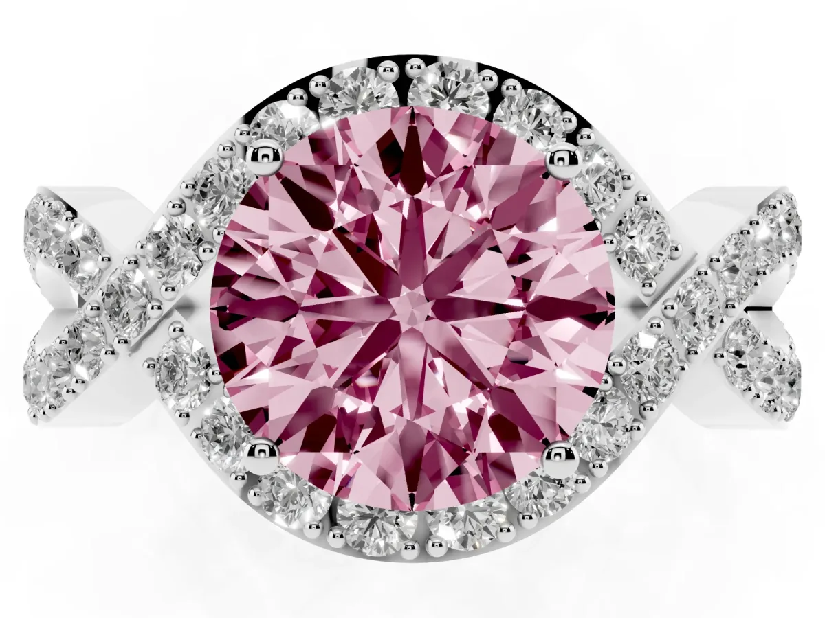 Fancy Pink Round Cut Solitaire Twist Band Pavé Diamond Engagement Ring Silver