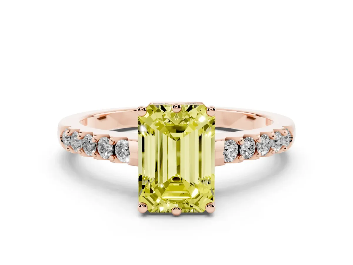 Fancy Yellow Emerald Cut Solitaire Diamond Engagement Ring with Pavé Band and Six-Prong Setting Rose gold