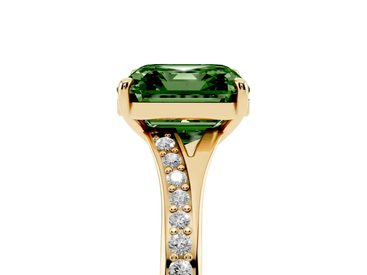 Fancy Green Asscher Cut Diamond Solitaire Ring with Pavé Band and Prong Setting Yellow gold