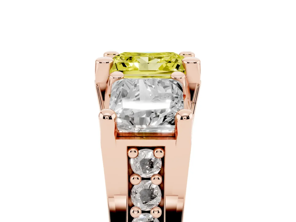 Fancy Yellow Princess Cut Diamond Three-Stone Ring with Channel Set Band and Four-Prong Setting Rose gold