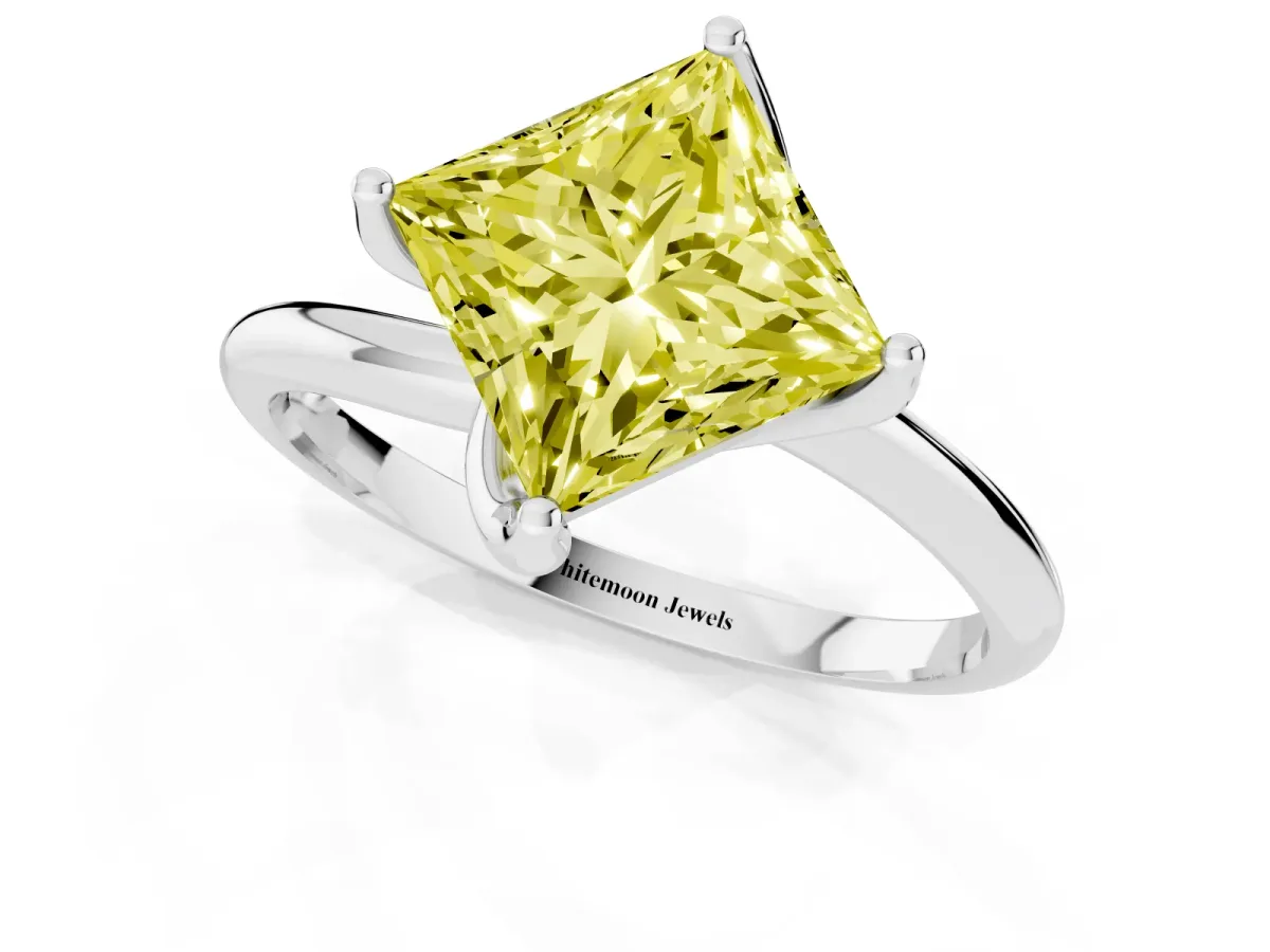Fancy Yellow Princess Cut Diamond Solitaire Engagement Ring with Four-Prong Setting and Classic Band Platinum
