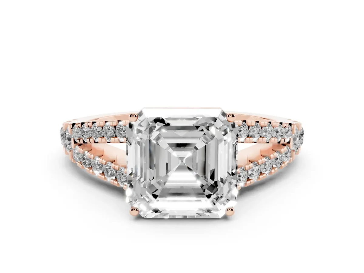 Asscher Cut Diamond Split Shank Engagement Ring with Round Pavé and Prong Setting Rose gold