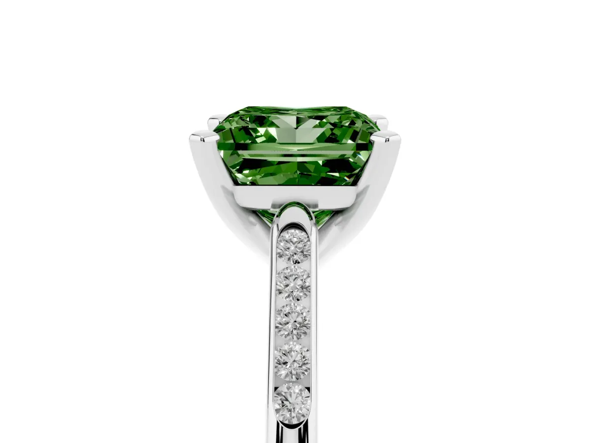 Fancy Green Princess Cut Diamond Solitaire Ring with Channel Set Round Band and Prong Setting Silver