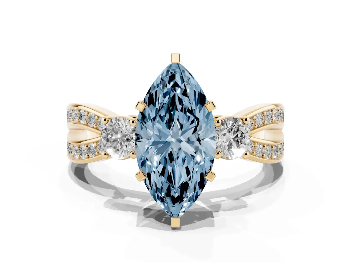 Fancy Blue Three-Stone Marquise Cut Cut Diamond Twist Band with Prong Setting Yellow gold