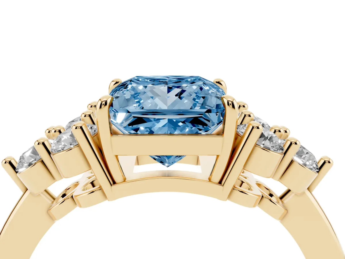 Fancy Blue Princess Cut Brilliant Diamond Cluster Accent Solitaire Ring with Prong Setting Yellow gold