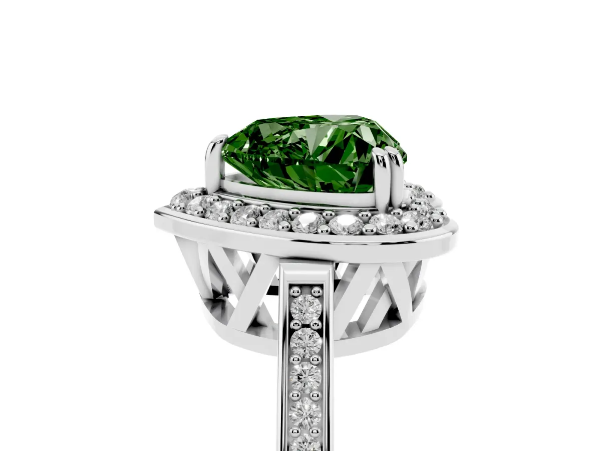 Fancy Green Heart Cut Diamond Halo Ring with Split Shank and Four-Prong Setting Silver