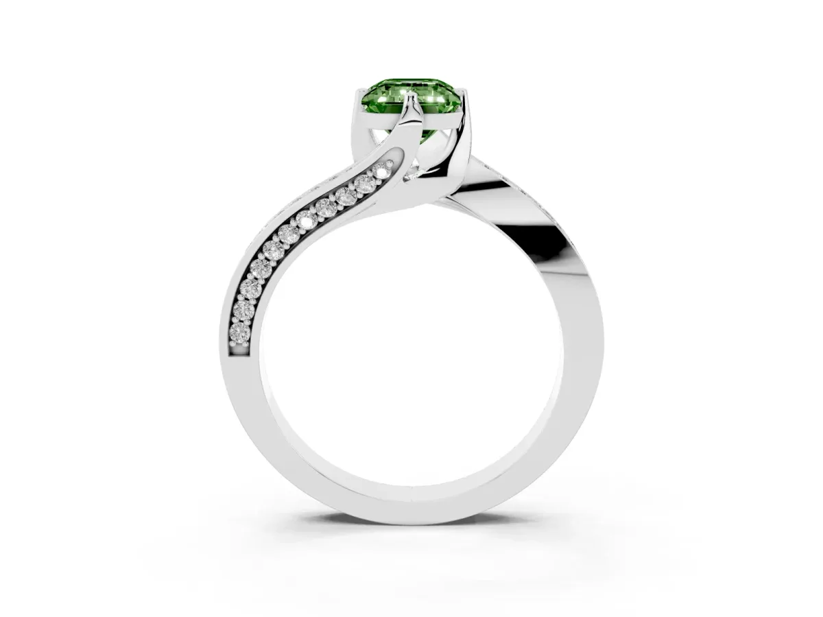 Fancy Green Emerald Cut Solitaire Diamond Twist Band with Pavé Setting and Four-Prong Setting Silver