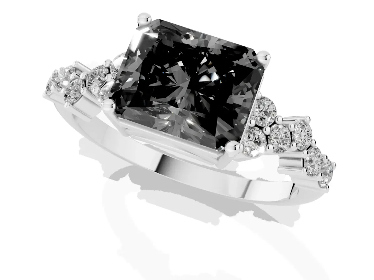 Fancy Black Radiant Cut Diamond Scattered Round Accent Ring with Prong Setting White gold