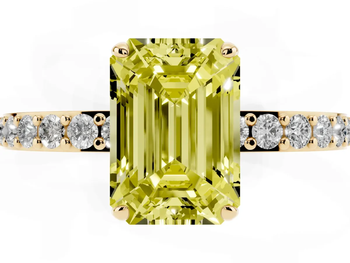 Fancy Yellow Emerald Cut Diamond Pavé Engagement Ring with Round Accents and Prong Setting Yellow gold