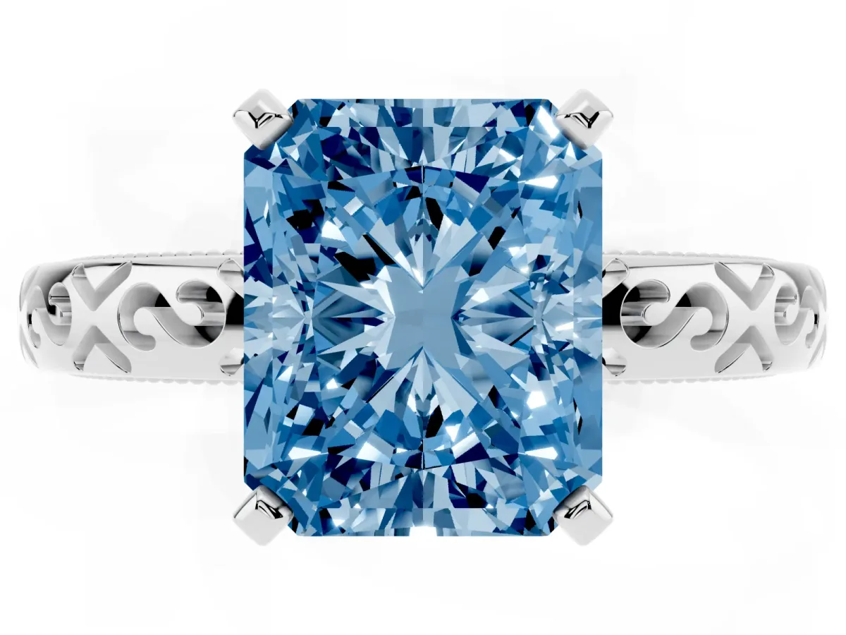 Fancy Blue Radiant Cut Solitaire Engagement Ring with Scrollwork Band and Four-Prong Setting Silver