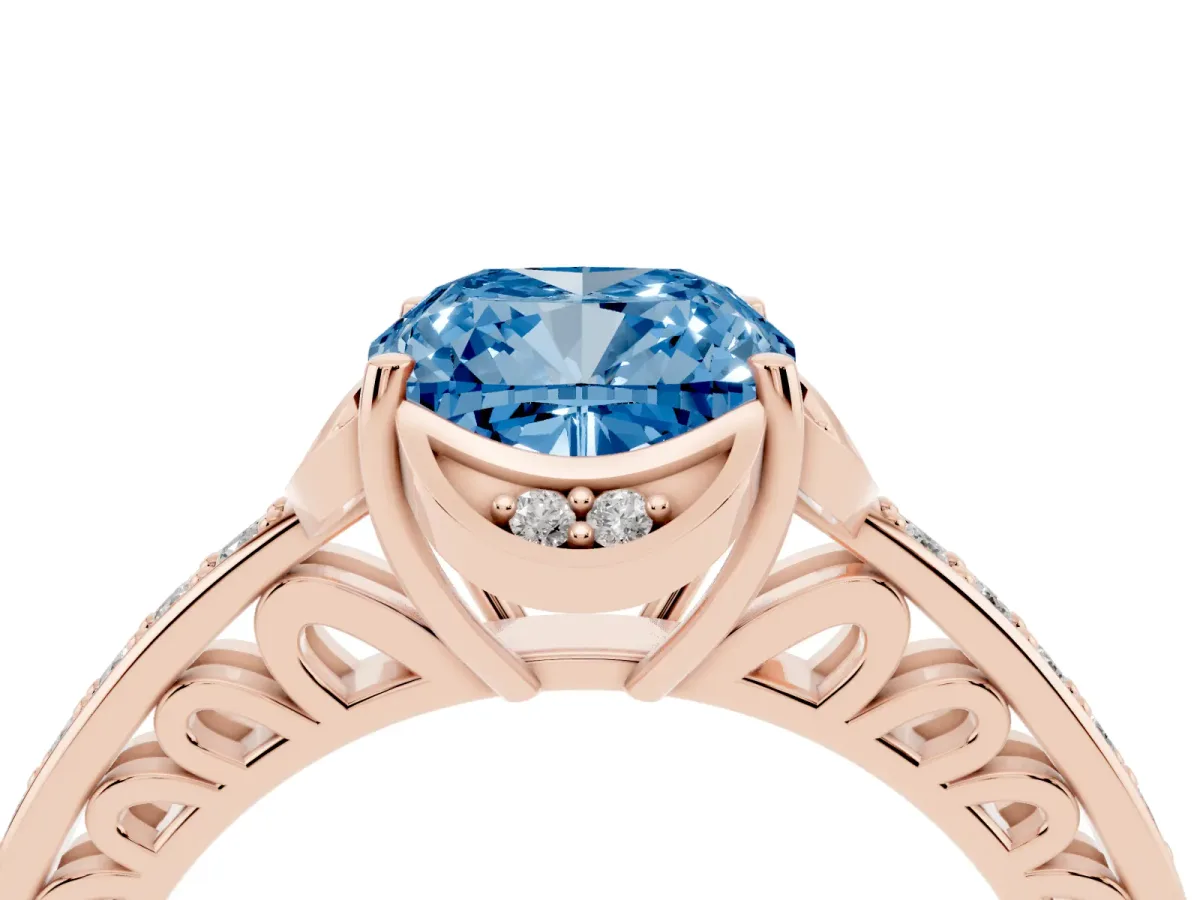 Fancy Blue Cushion Cut Cut Halo Diamond Ring with Channel Set Band and Four-Prong Setting Rose gold