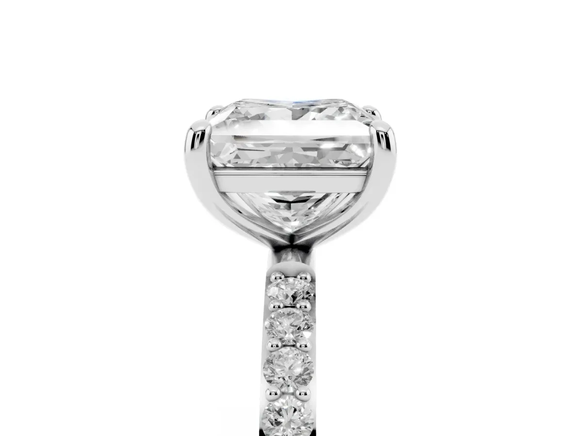 Princess Cut Diamond Solitaire Ring with Round Pavé Band and Prong Setting Silver