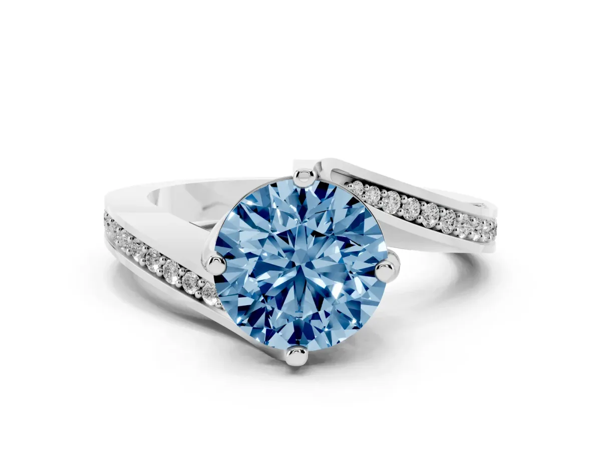 Fancy Blue Round Cut Solitaire Diamond Twist Band with Pavé Setting and Four-Prong Setting Silver