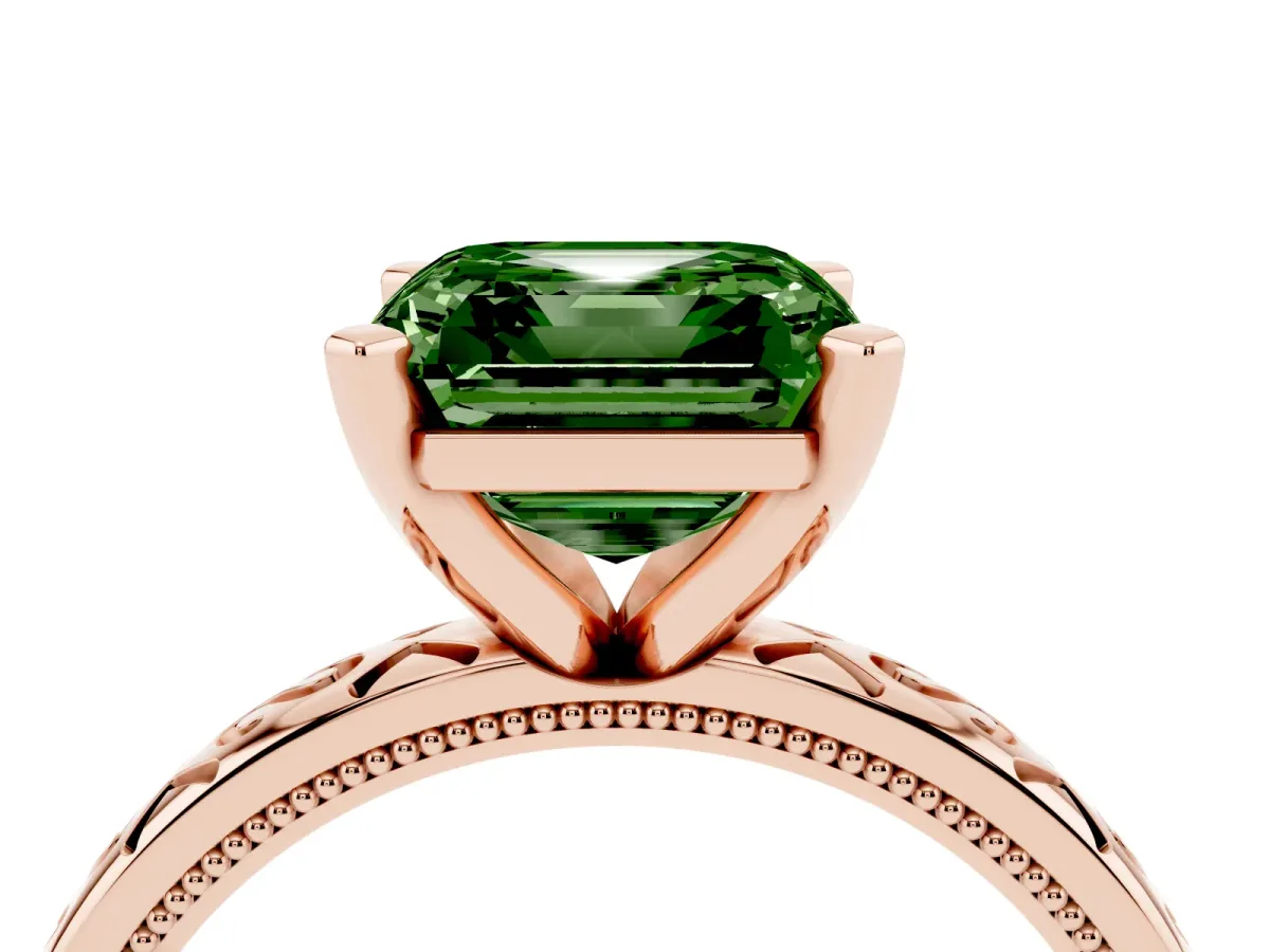Fancy Green Asscher Cut Solitaire Engagement Ring with Scrollwork Band and Four-Prong Setting Rose gold
