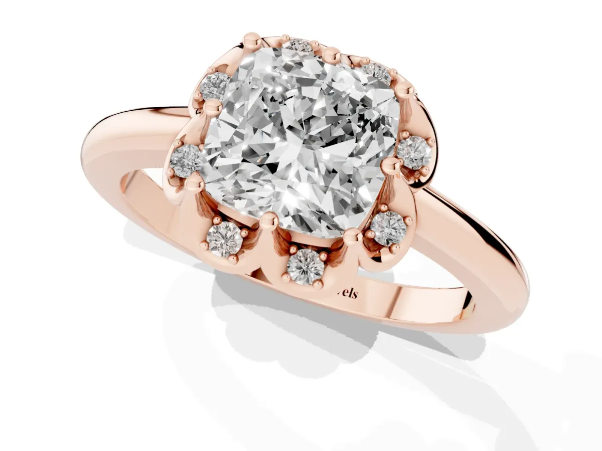 Cushion Cut Halo Diamond Ring with Round Cluster Setting, Solitaire Band, and Four-Prong Setting Rose gold