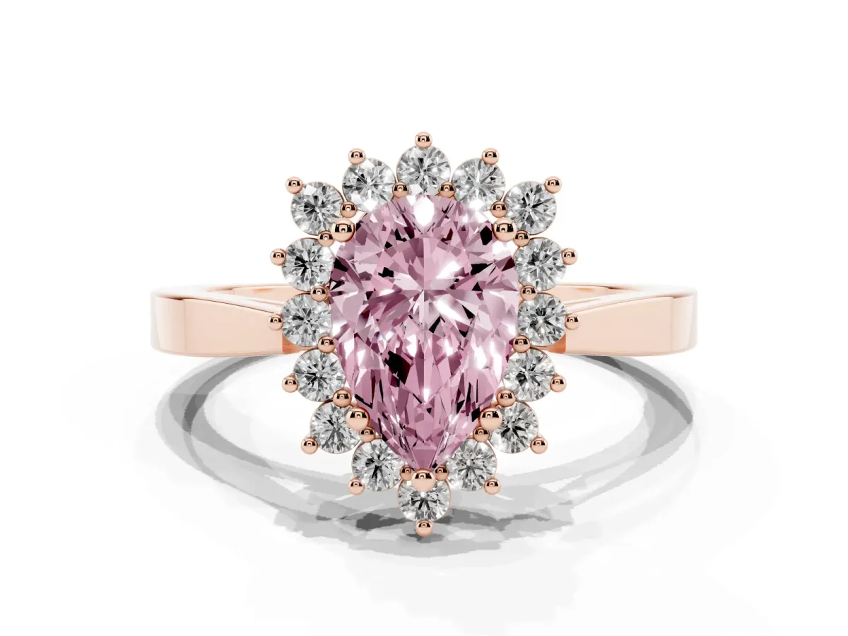 Fancy Pink Pear Cut Cut Diamond Halo Ring with Round Brilliant Halo and Solitaire Band Rose gold