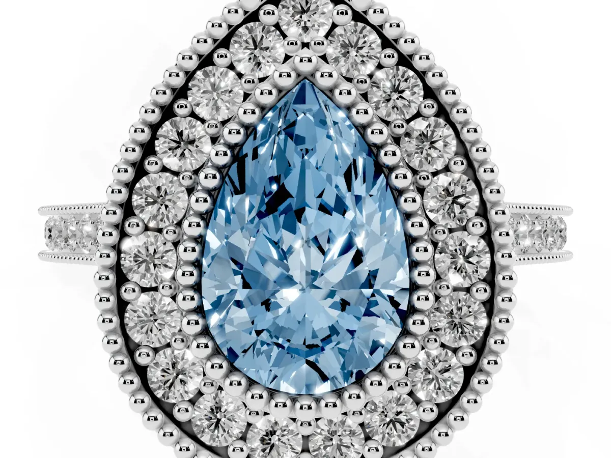 Fancy Blue Pear Cut Diamond Halo Ring with Milgrain Frame and Pavé Band Silver