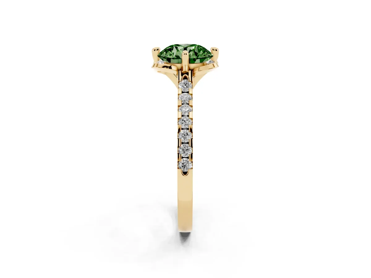 Fancy Green Round Cut Diamond Ring with Pavé Band and Floral Prong Setting Yellow gold