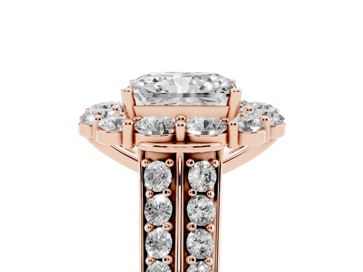 Radiant Cut Halo Diamond Engagement Ring with Split Shank and Prong Setting Rose gold