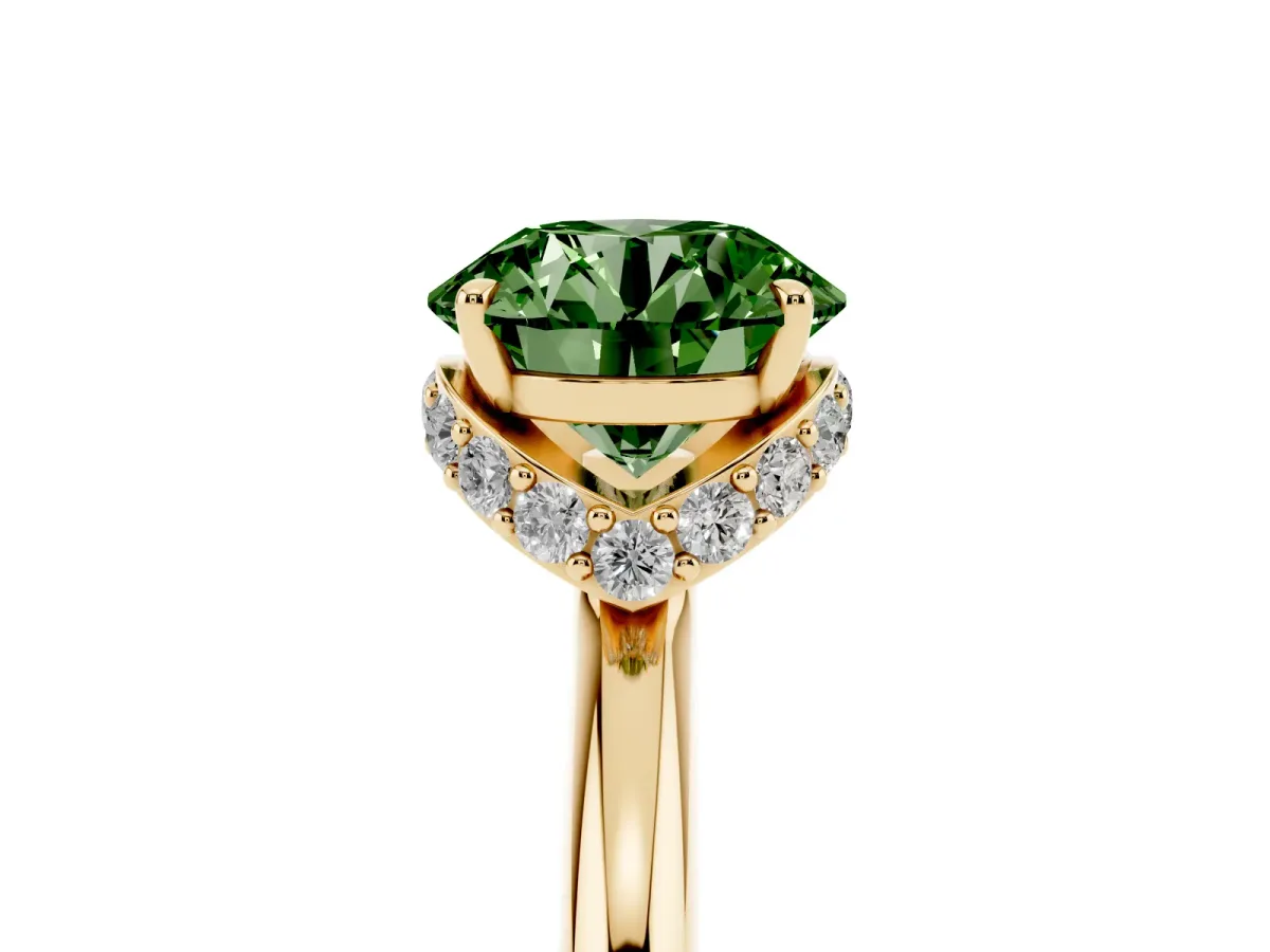 Fancy Green Round Cut Brilliant Solitaire Engagement Ring with Six-Prong Setting and Classic Band Yellow gold
